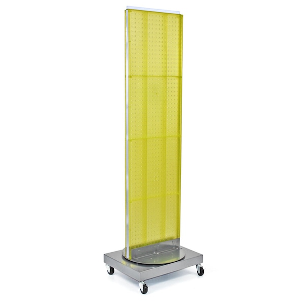Two-Sided Pegboard Floor Display on Revolving Wheeled Base. Spinner Rack Stand.